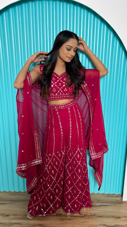 Pink Georgette and Palazzo Set with Foil Mirror & Thread Work